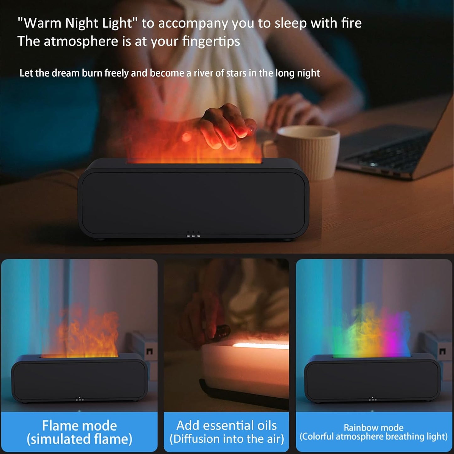 Sound Reactive Flame Air Diffuser Humidifier,7 Colors Aromatherapy Essential Oil Diffuser,Ultrasonic Aroma Humidifier with Timer for Home,Bedroom,Office,Yoga (Black, L)