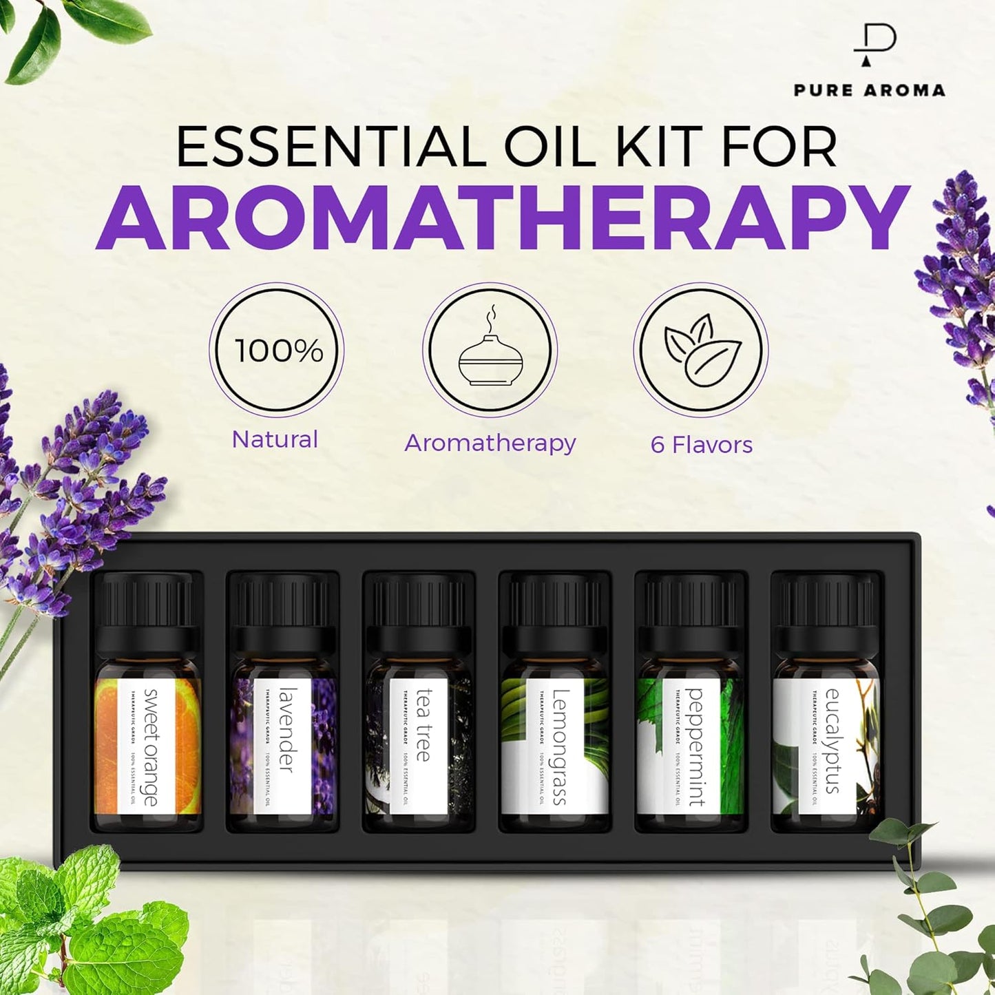 Essential Oils Set by - Top 6 Aromatherapy Oils Gift Set-6 Pack, 10Ml (Eucalyptus, Lavender, Lemongrass, Sweet Orange, Peppermint, Tea Tree)