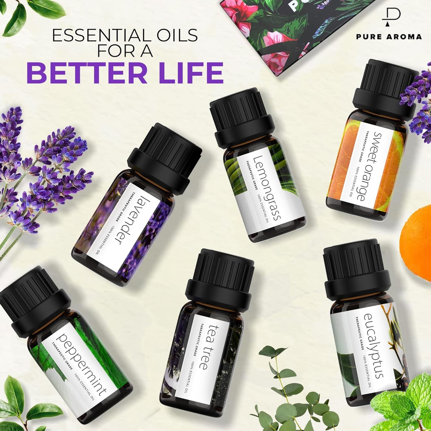 Essential Oils Set by - Top 6 Aromatherapy Oils Gift Set-6 Pack, 10Ml (Eucalyptus, Lavender, Lemongrass, Sweet Orange, Peppermint, Tea Tree)